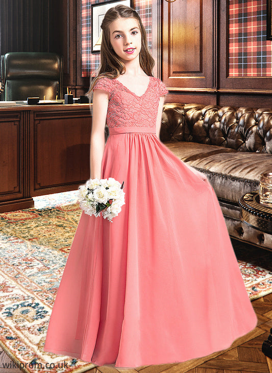 Mayra A-Line V-neck Floor-Length Chiffon Lace Junior Bridesmaid Dress SWKP0013634