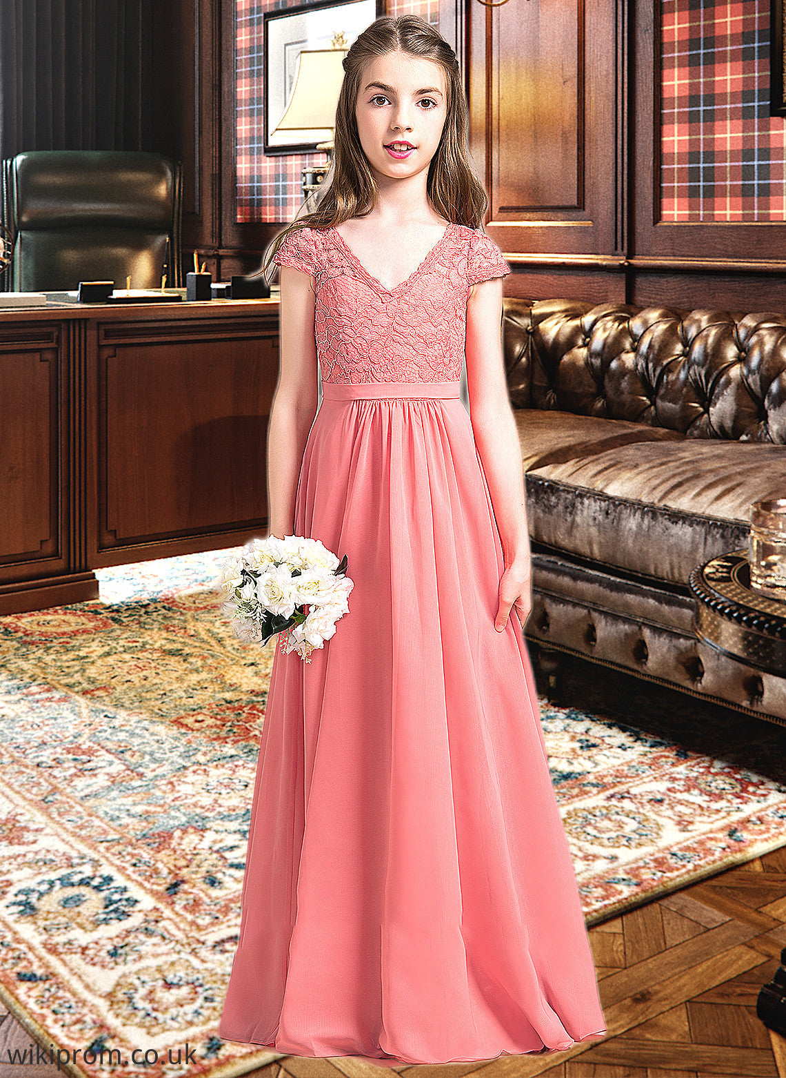 Mayra A-Line V-neck Floor-Length Chiffon Lace Junior Bridesmaid Dress SWKP0013634