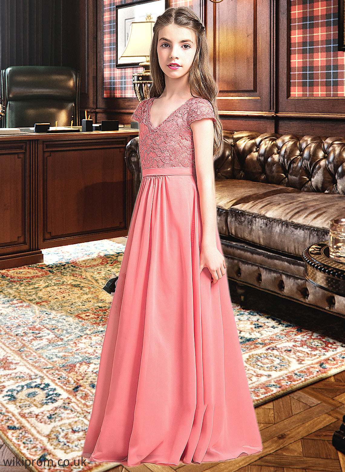 Mayra A-Line V-neck Floor-Length Chiffon Lace Junior Bridesmaid Dress SWKP0013634