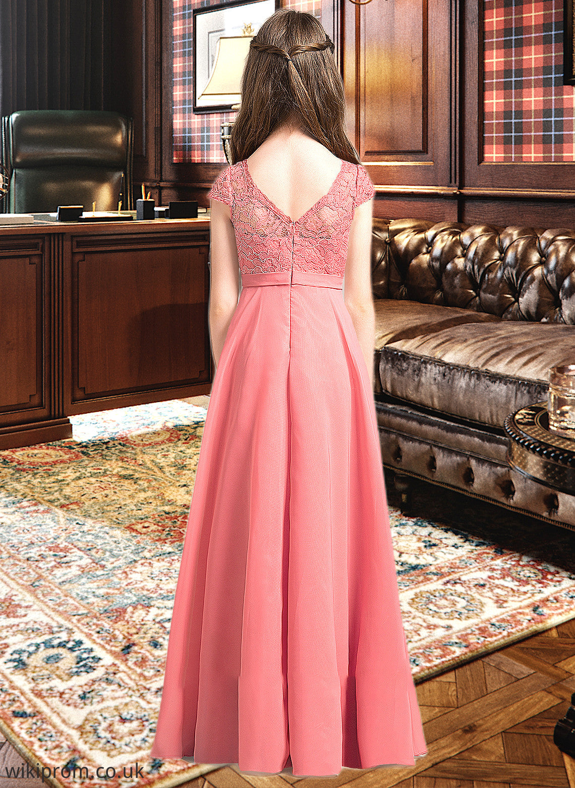 Mayra A-Line V-neck Floor-Length Chiffon Lace Junior Bridesmaid Dress SWKP0013634