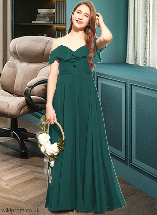 Lia A-Line Off-the-Shoulder Floor-Length Chiffon Junior Bridesmaid Dress With Cascading Ruffles SWKP0013635