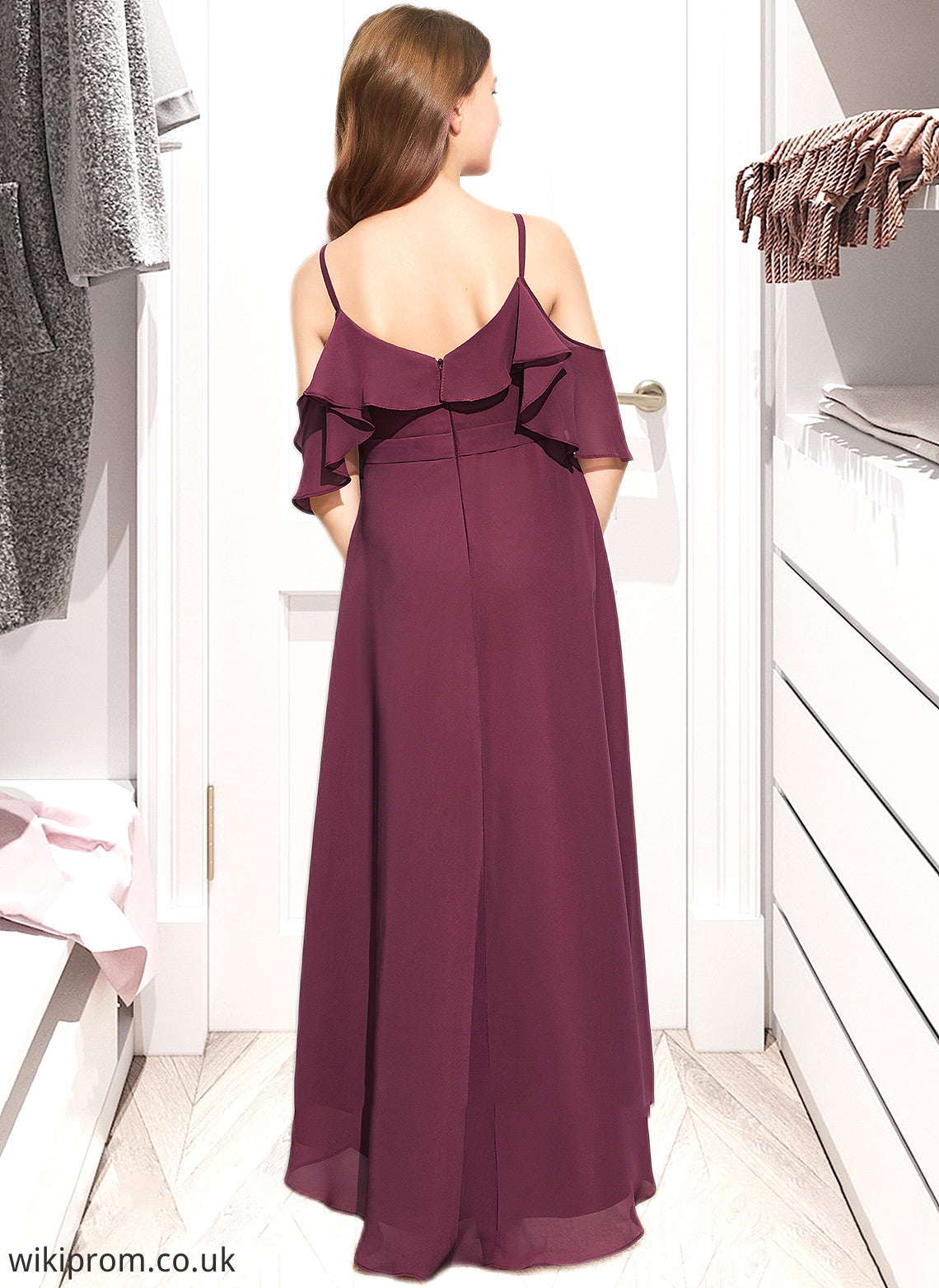 Payten A-Line Off-the-Shoulder Asymmetrical Chiffon Junior Bridesmaid Dress With Cascading Ruffles SWKP0013636