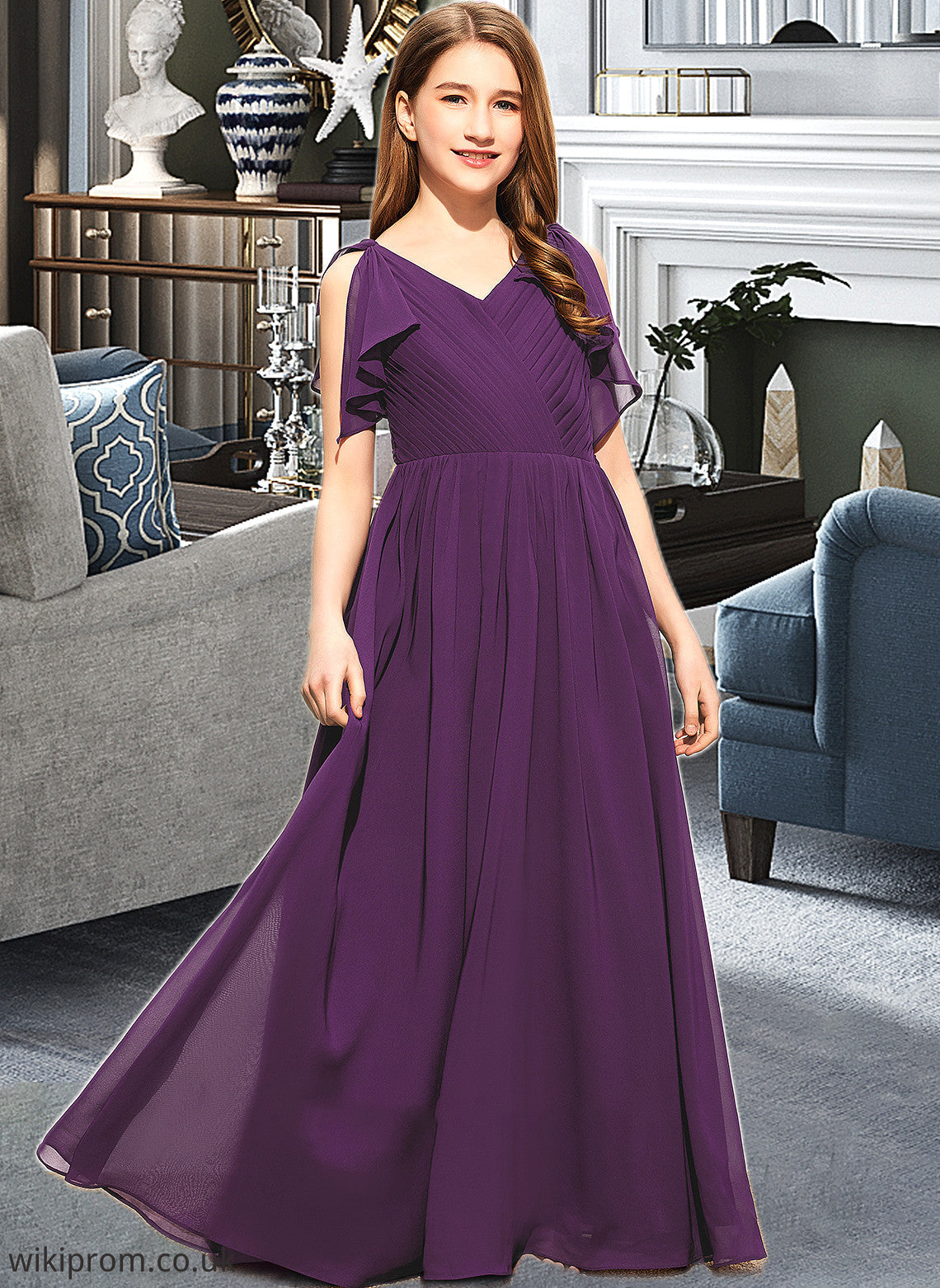 Annika A-Line V-neck Floor-Length Chiffon Junior Bridesmaid Dress With Bow(s) Cascading Ruffles SWKP0013639