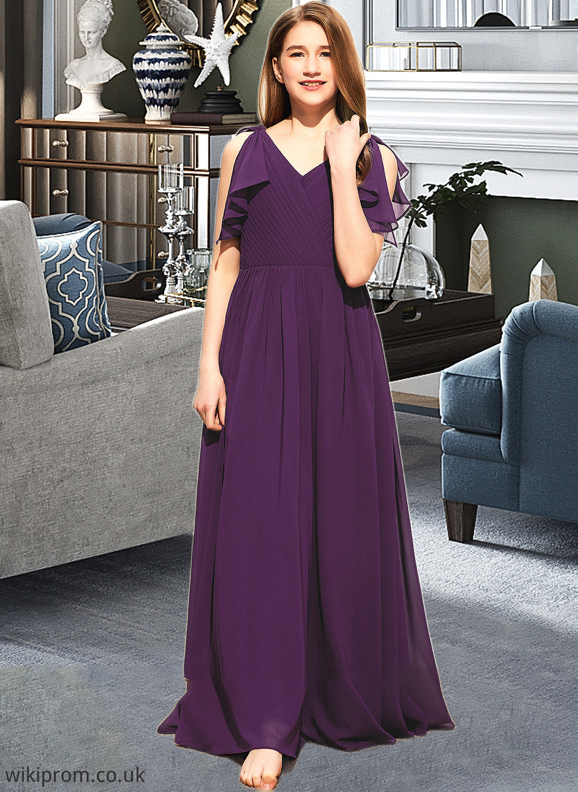 Annika A-Line V-neck Floor-Length Chiffon Junior Bridesmaid Dress With Bow(s) Cascading Ruffles SWKP0013639