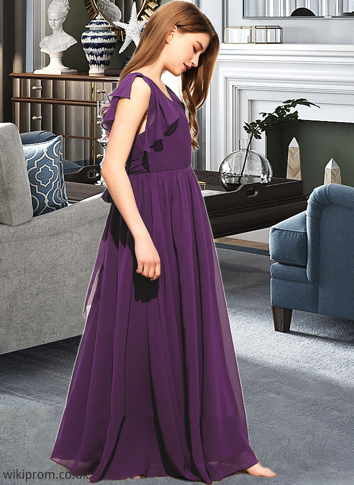 Annika A-Line V-neck Floor-Length Chiffon Junior Bridesmaid Dress With Bow(s) Cascading Ruffles SWKP0013639