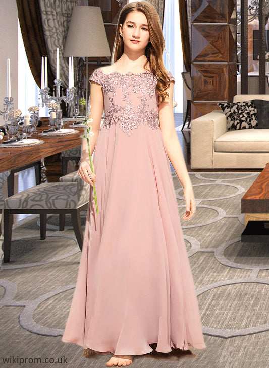 Athena A-Line Off-the-Shoulder Floor-Length Chiffon Lace Junior Bridesmaid Dress SWKP0013640