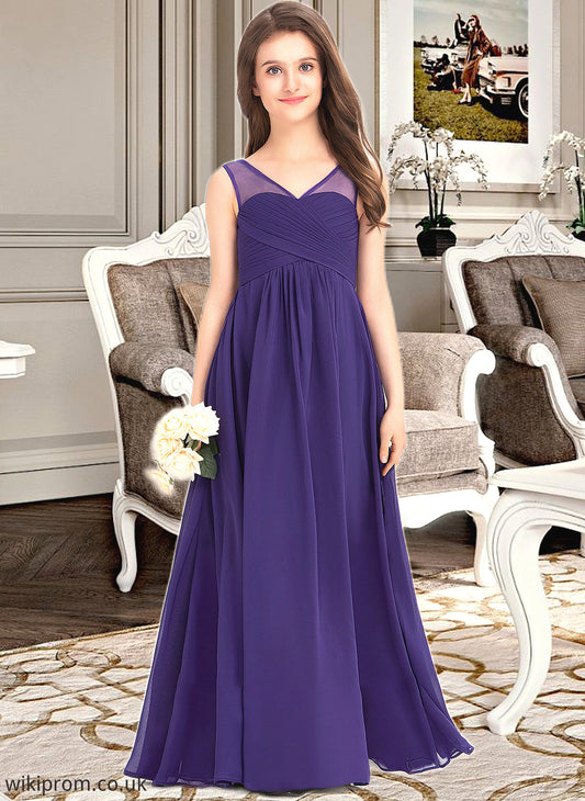 Eve A-Line V-neck Floor-Length Chiffon Junior Bridesmaid Dress With Ruffle SWKP0013642