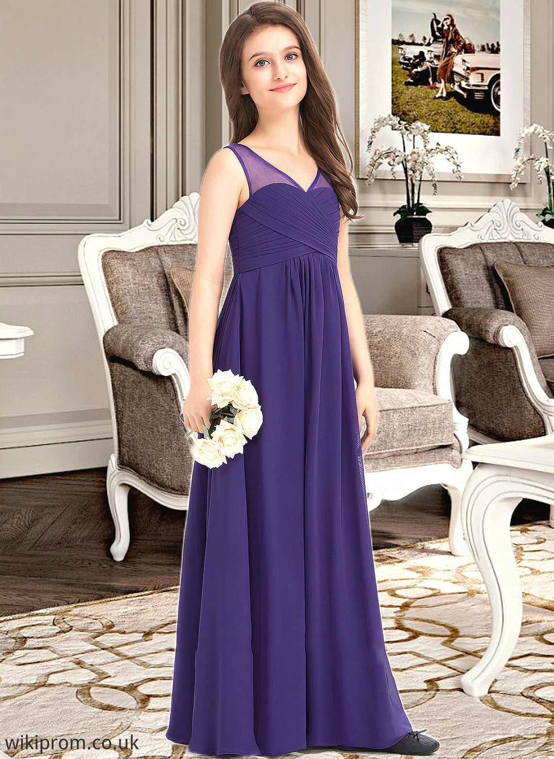 Eve A-Line V-neck Floor-Length Chiffon Junior Bridesmaid Dress With Ruffle SWKP0013642