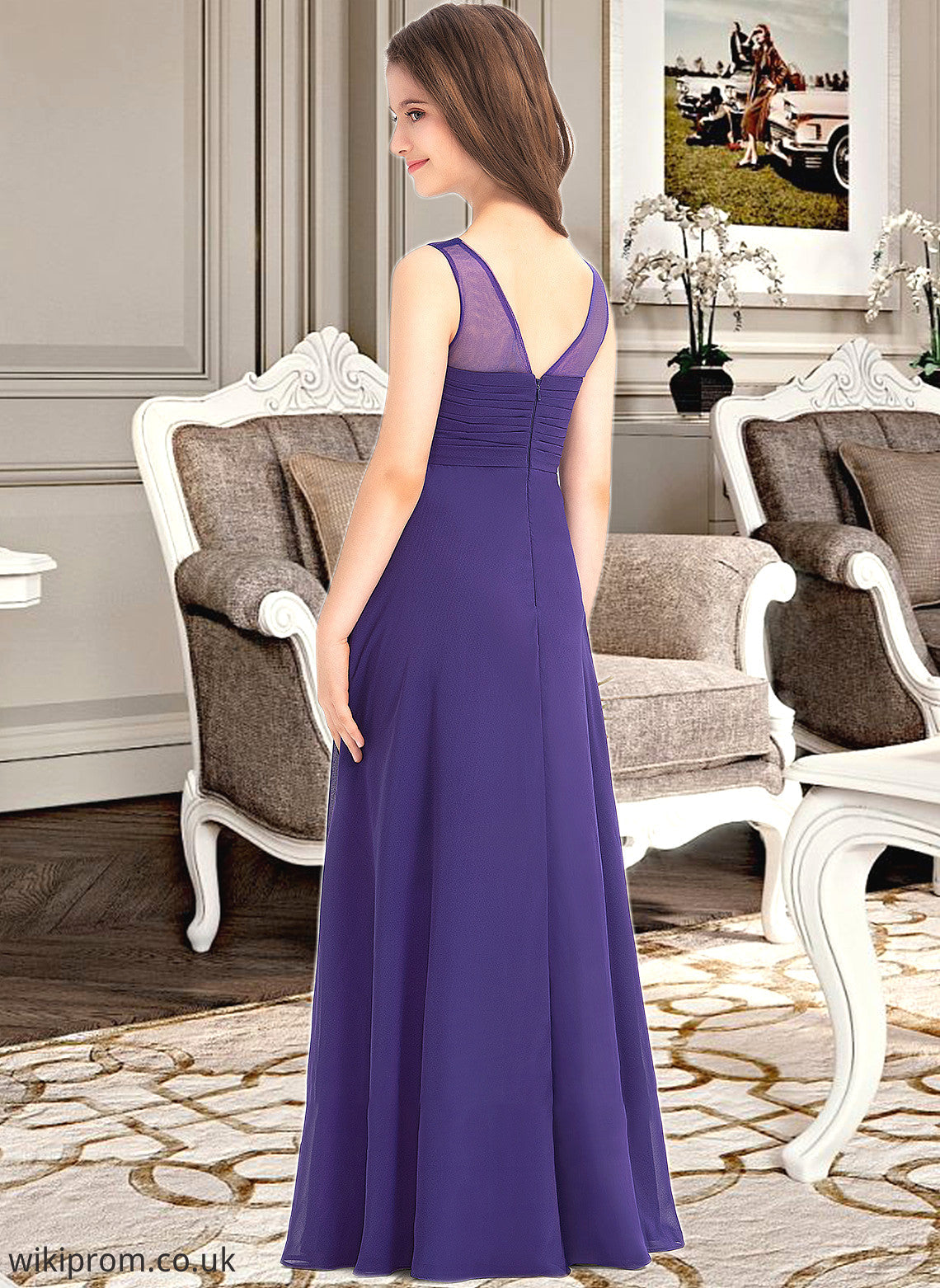 Eve A-Line V-neck Floor-Length Chiffon Junior Bridesmaid Dress With Ruffle SWKP0013642