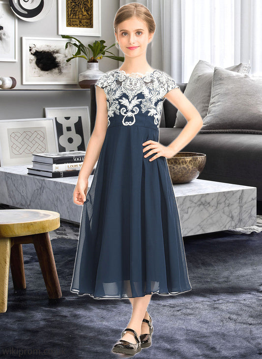 Sydnee A-Line Scoop Neck Tea-Length Chiffon Lace Junior Bridesmaid Dress SWKP0013643