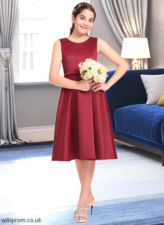 Helen A-Line Scoop Neck Knee-Length Satin Junior Bridesmaid Dress With Lace Bow(s) SWKP0013646