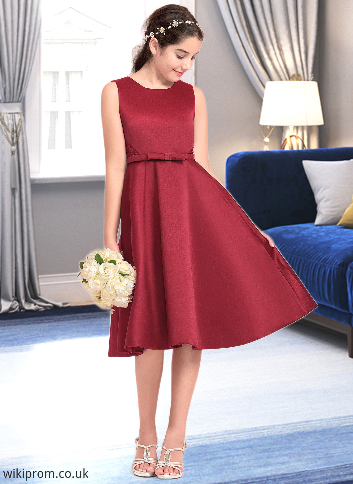 Helen A-Line Scoop Neck Knee-Length Satin Junior Bridesmaid Dress With Lace Bow(s) SWKP0013646