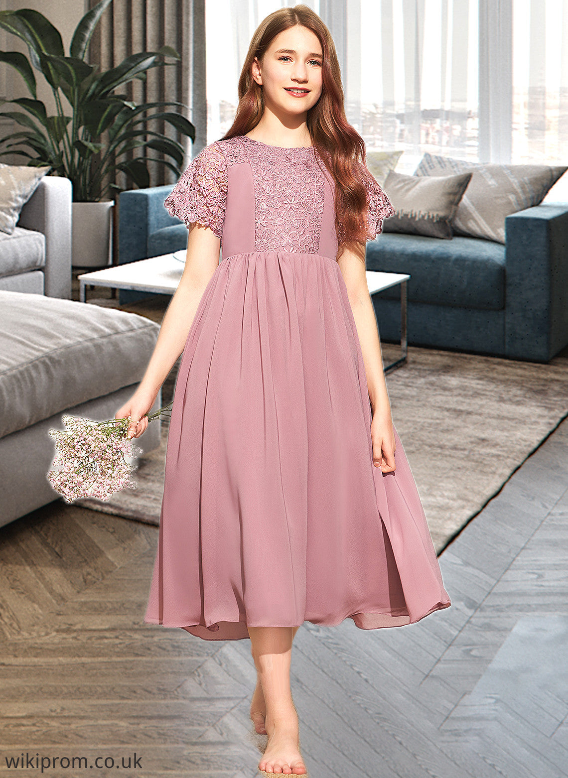 Marisa A-Line Scoop Neck Tea-Length Chiffon Lace Junior Bridesmaid Dress SWKP0013648