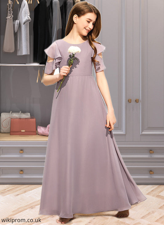 Amelie A-Line Scoop Neck Floor-Length Chiffon Junior Bridesmaid Dress With Cascading Ruffles SWKP0013649