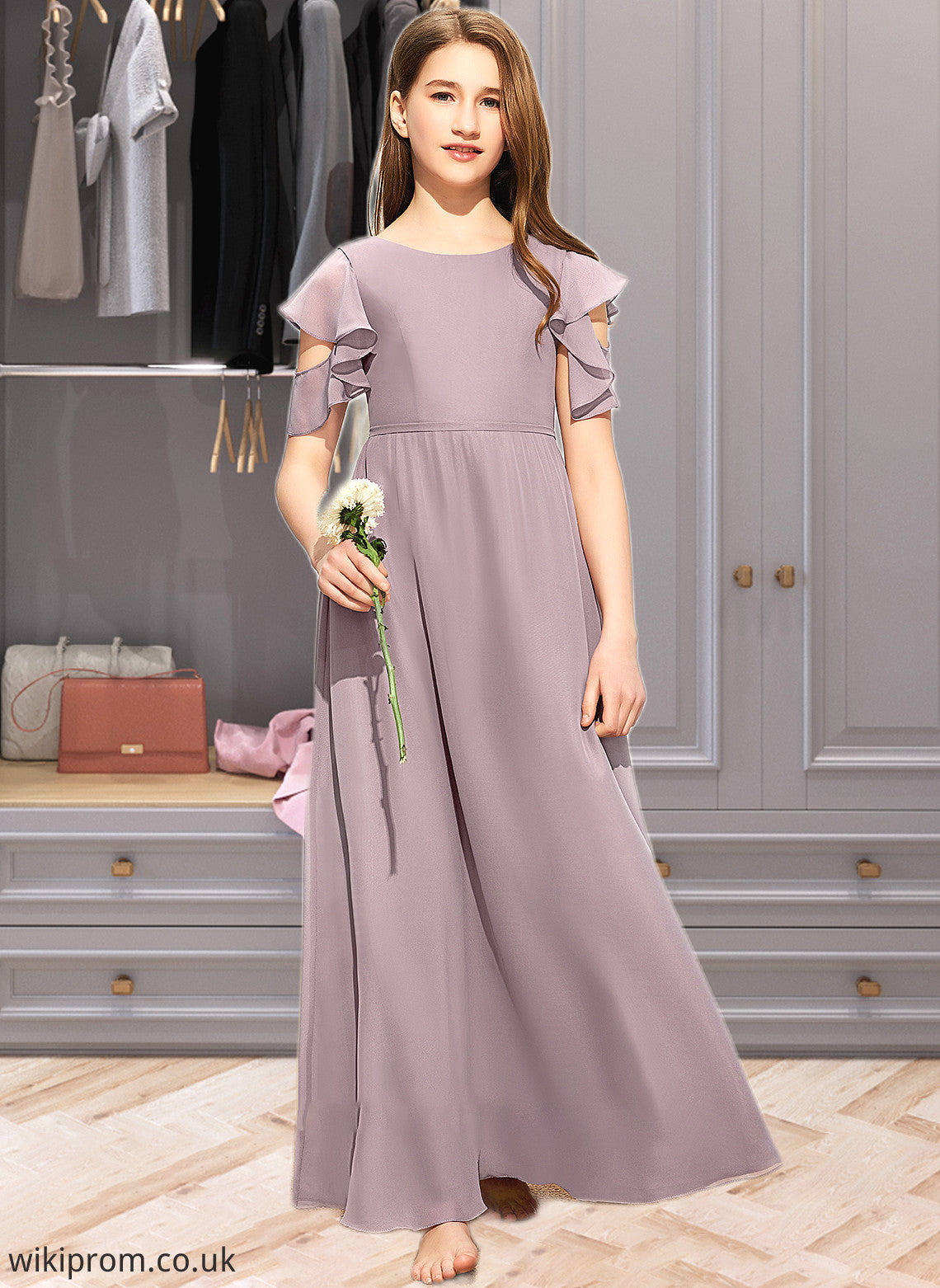 Amelie A-Line Scoop Neck Floor-Length Chiffon Junior Bridesmaid Dress With Cascading Ruffles SWKP0013649