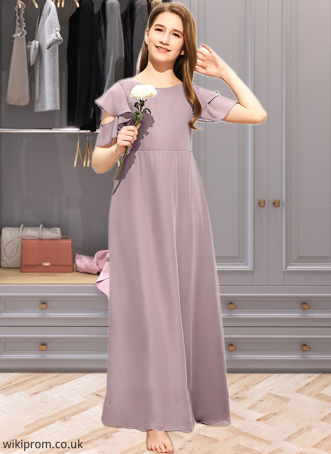 Amelie A-Line Scoop Neck Floor-Length Chiffon Junior Bridesmaid Dress With Cascading Ruffles SWKP0013649