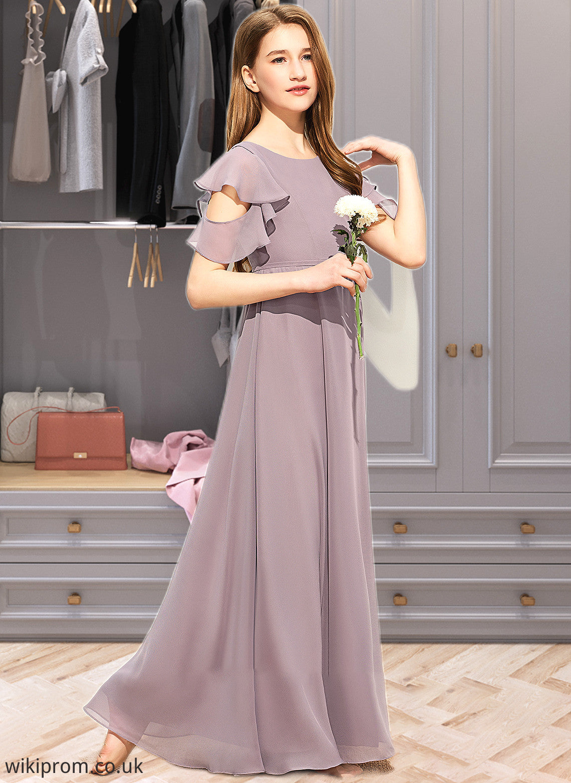 Amelie A-Line Scoop Neck Floor-Length Chiffon Junior Bridesmaid Dress With Cascading Ruffles SWKP0013649