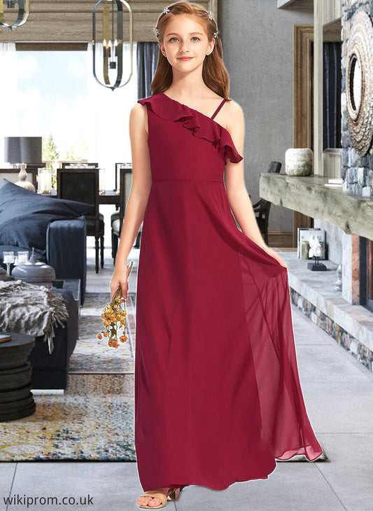 Tamara A-Line One-Shoulder Floor-Length Chiffon Junior Bridesmaid Dress With Ruffles SWKP0013650