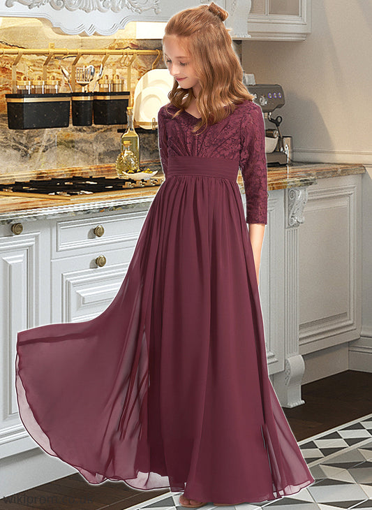 Delilah A-Line V-neck Floor-Length Chiffon Lace Junior Bridesmaid Dress SWKP0013652