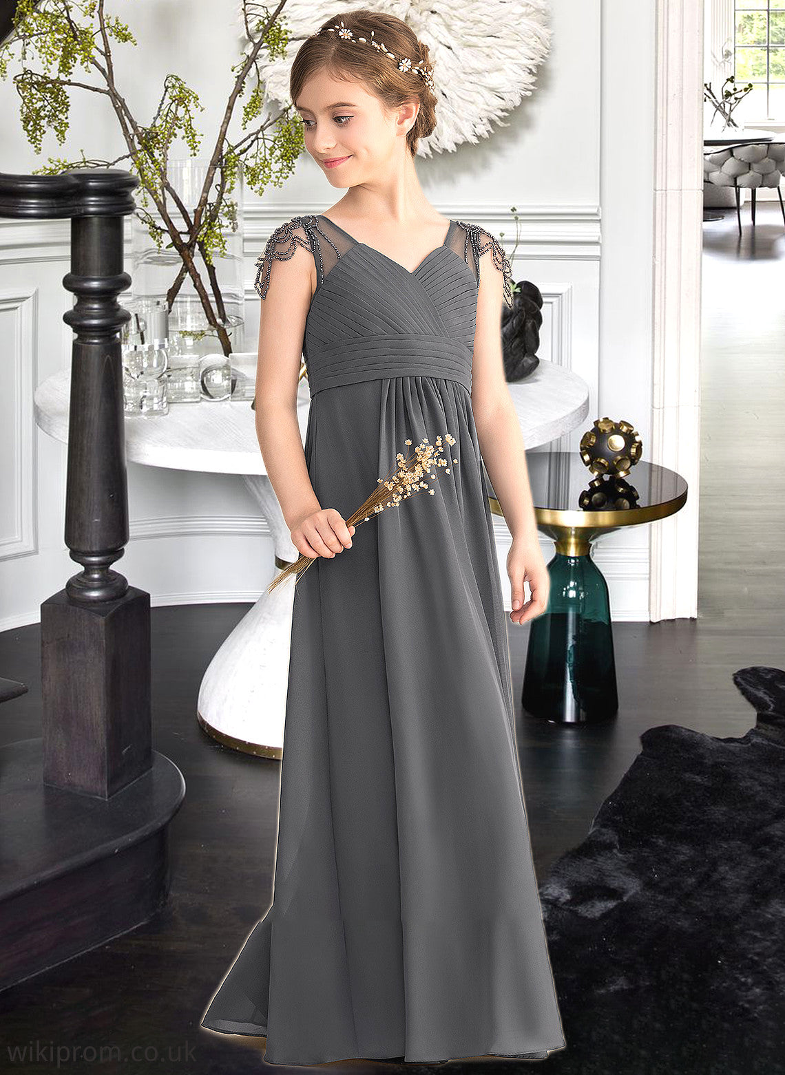 Felicity A-Line V-neck Floor-Length Chiffon Junior Bridesmaid Dress With Ruffle Beading SWKP0013653