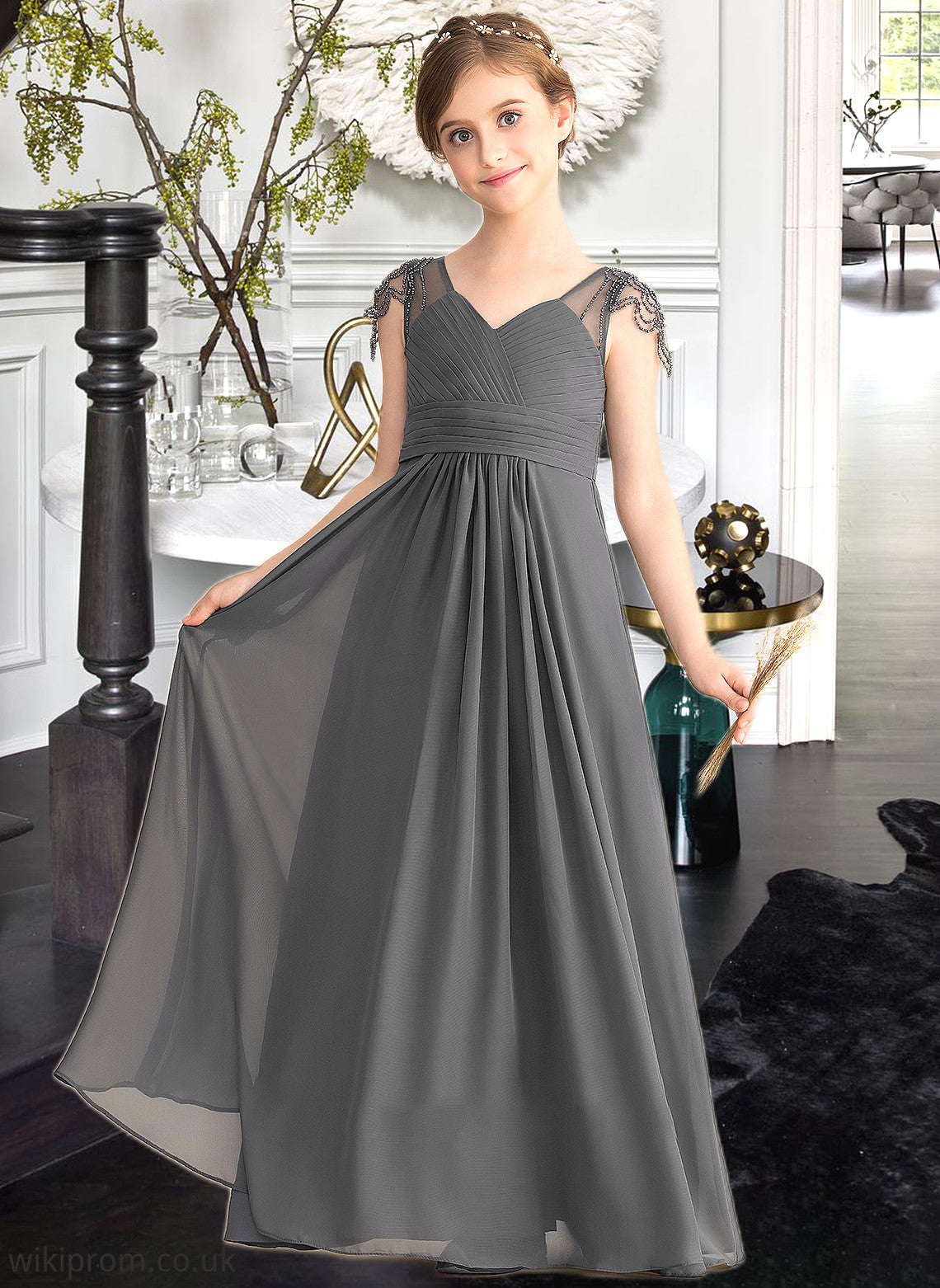 Felicity A-Line V-neck Floor-Length Chiffon Junior Bridesmaid Dress With Ruffle Beading SWKP0013653