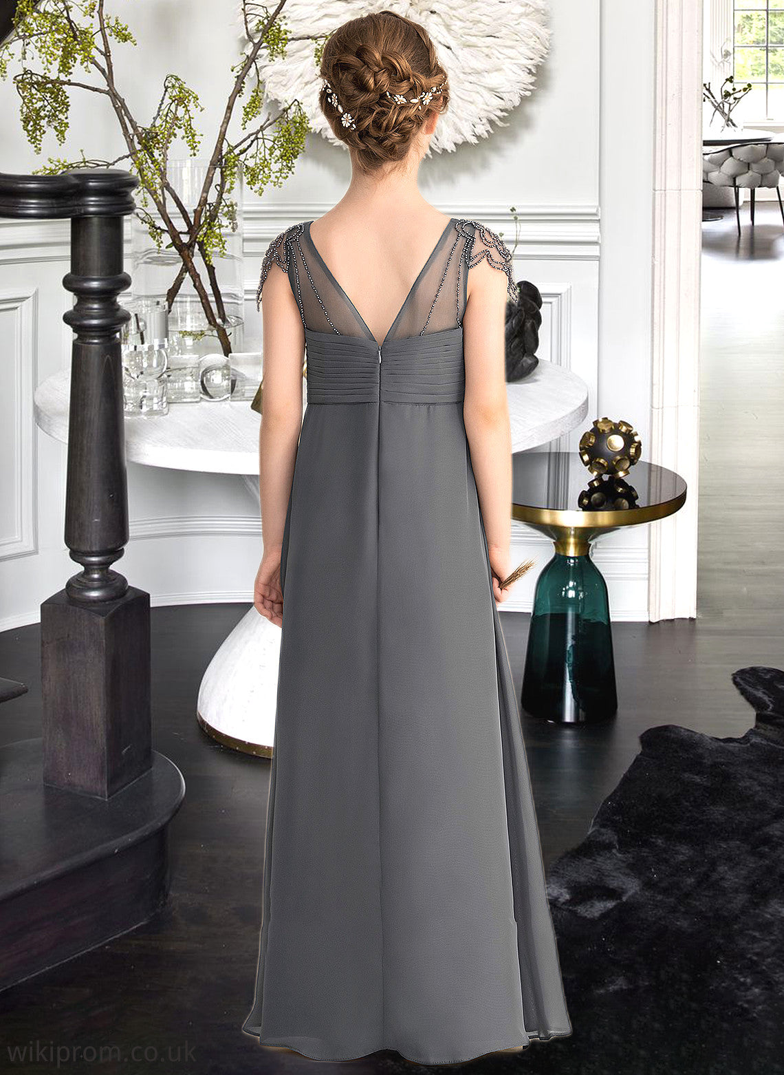 Felicity A-Line V-neck Floor-Length Chiffon Junior Bridesmaid Dress With Ruffle Beading SWKP0013653