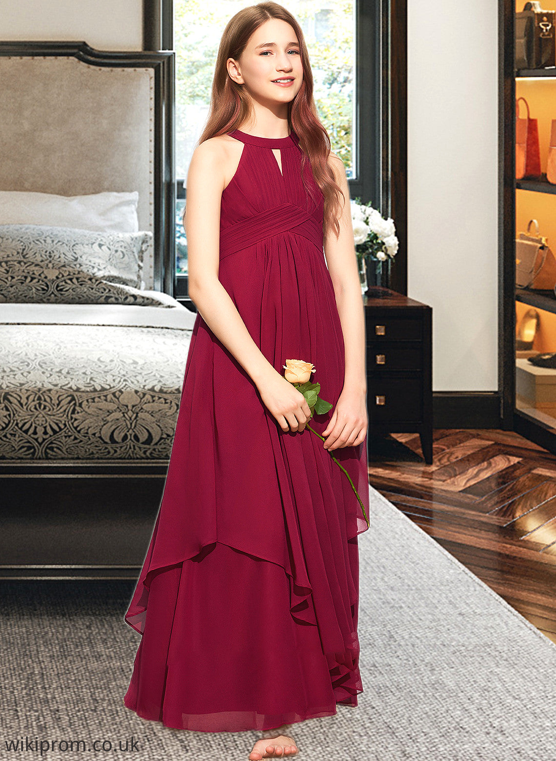 Taliyah A-Line Scoop Neck Floor-Length Chiffon Junior Bridesmaid Dress With Ruffle SWKP0013654