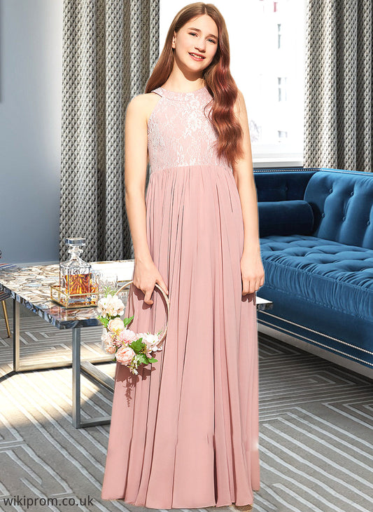 Aubrie A-Line Scoop Neck Floor-Length Chiffon Lace Junior Bridesmaid Dress With Sequins SWKP0013655