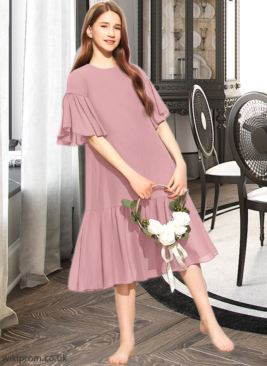 Yoselin A-Line Scoop Neck Knee-Length Chiffon Junior Bridesmaid Dress With Cascading Ruffles SWKP0013656