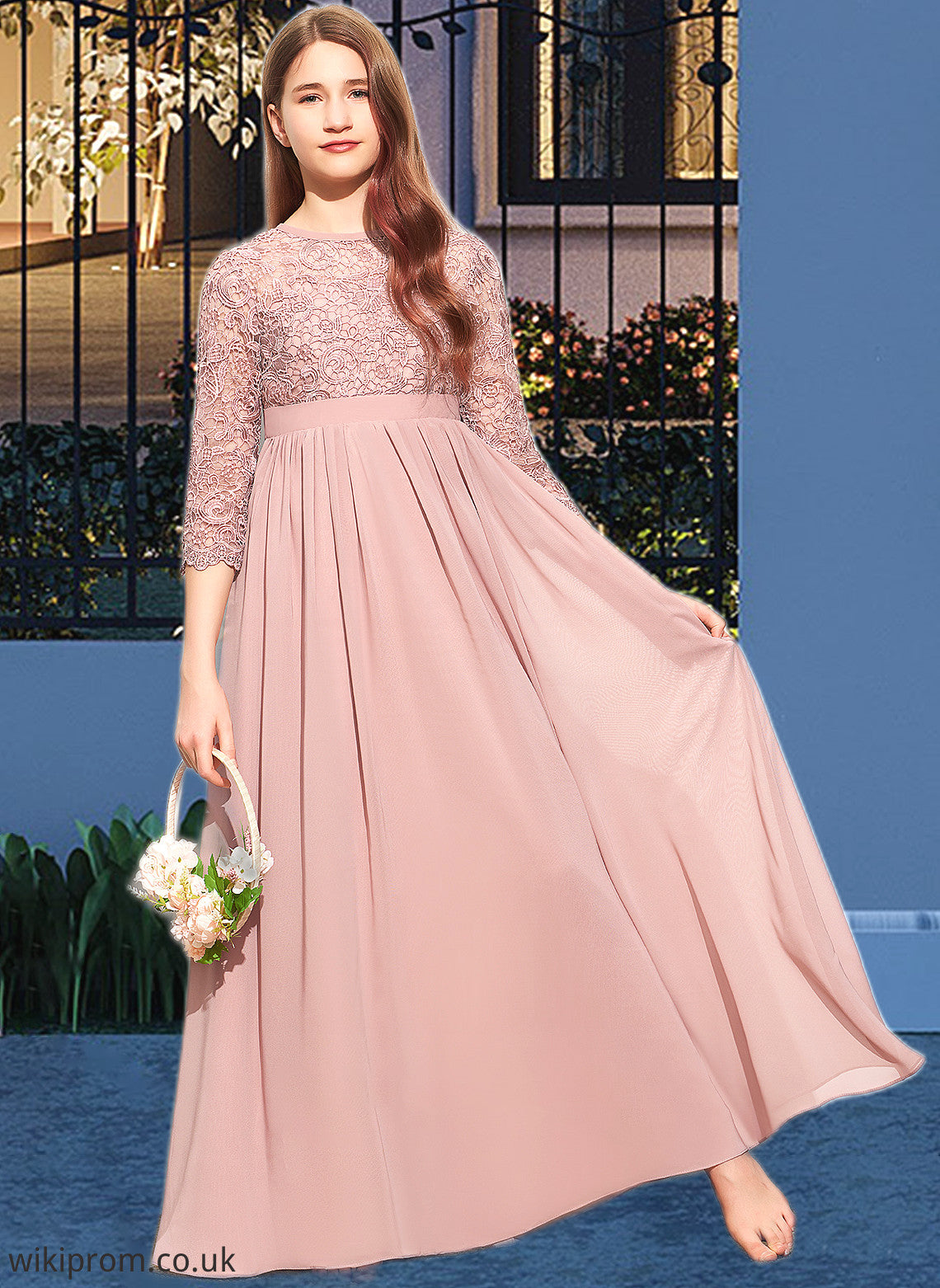 Guadalupe A-Line Scoop Neck Floor-Length Chiffon Lace Junior Bridesmaid Dress SWKP0013657