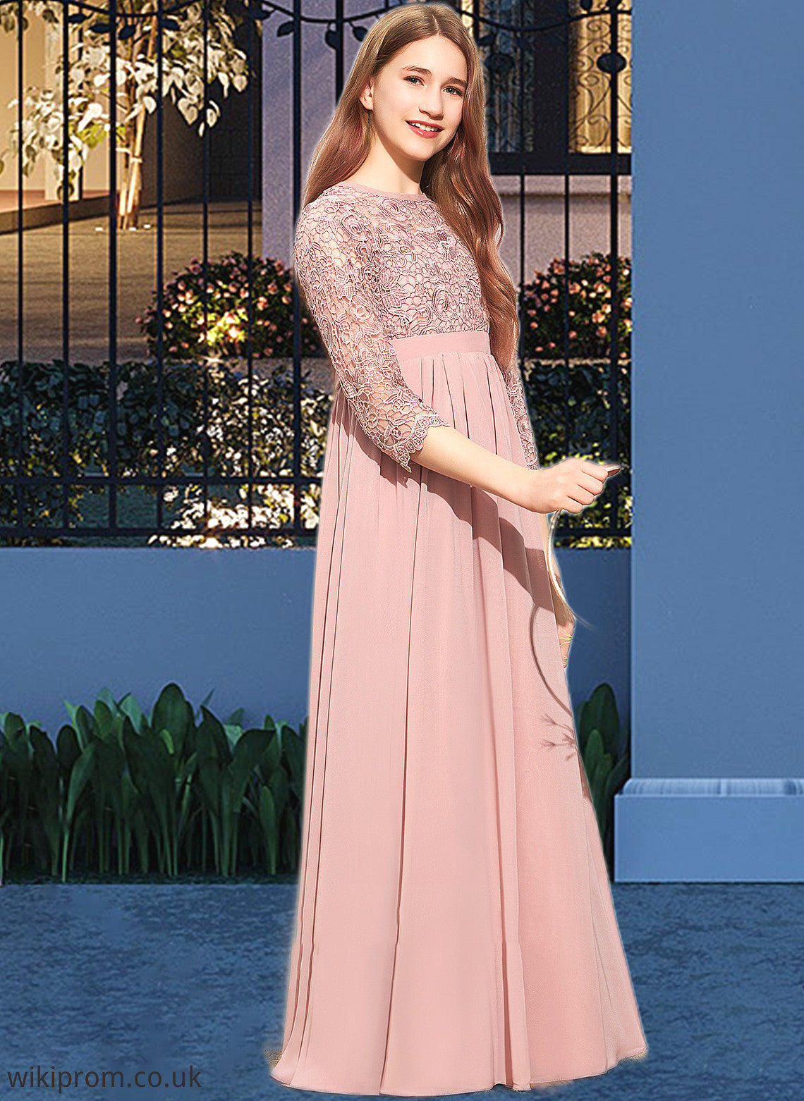 Guadalupe A-Line Scoop Neck Floor-Length Chiffon Lace Junior Bridesmaid Dress SWKP0013657