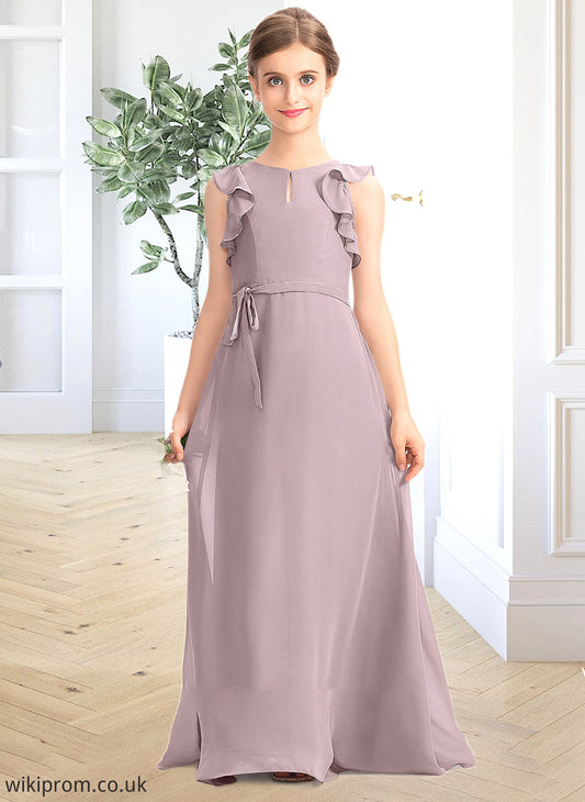 Kaitlynn A-Line Scoop Neck Floor-Length Chiffon Junior Bridesmaid Dress With Bow(s) Cascading Ruffles SWKP0013659