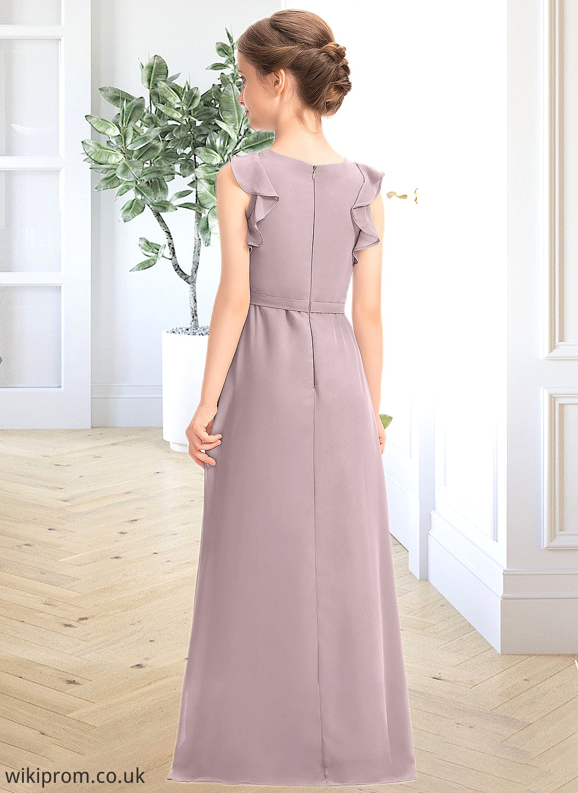 Kaitlynn A-Line Scoop Neck Floor-Length Chiffon Junior Bridesmaid Dress With Bow(s) Cascading Ruffles SWKP0013659