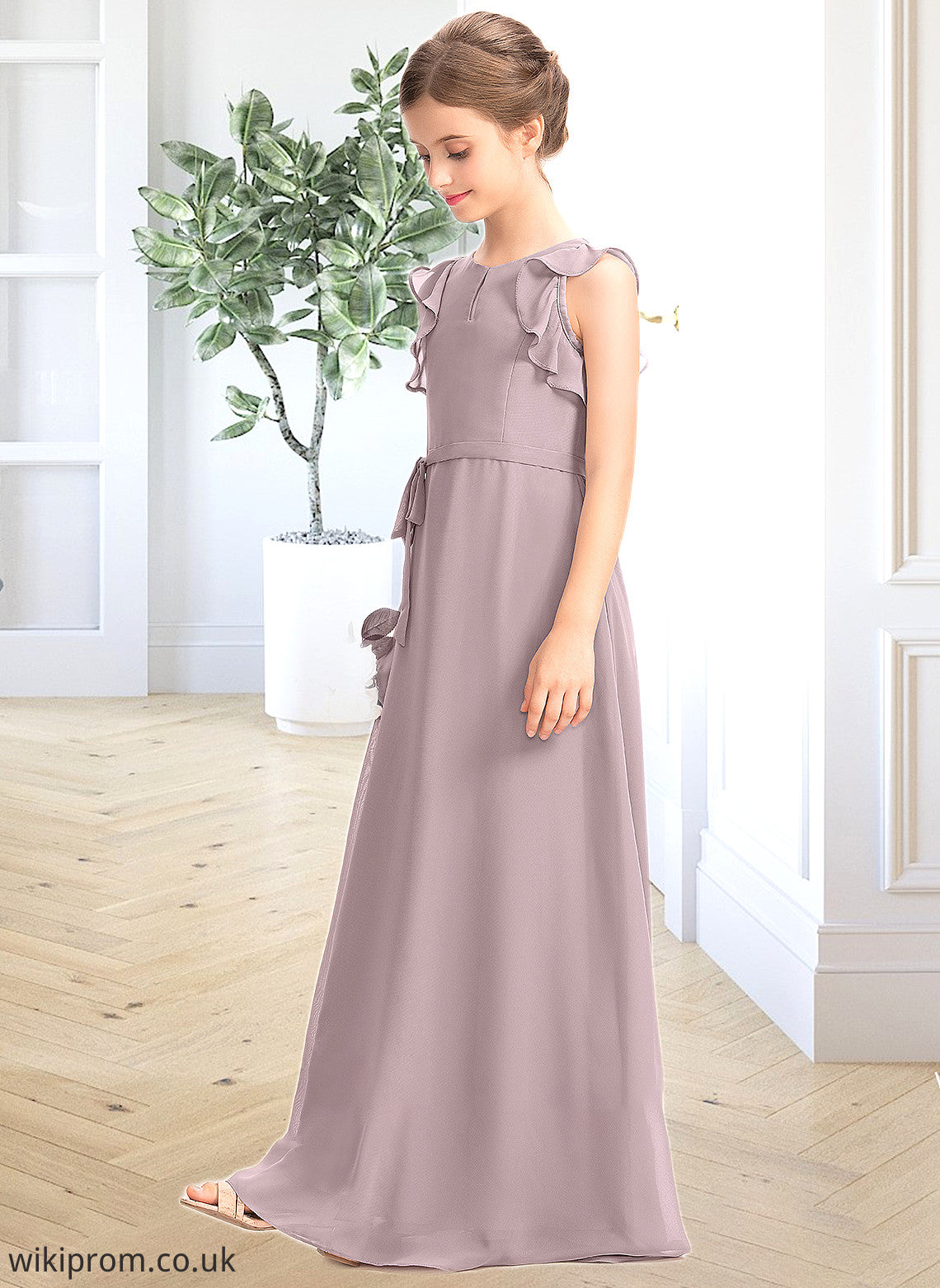 Kaitlynn A-Line Scoop Neck Floor-Length Chiffon Junior Bridesmaid Dress With Bow(s) Cascading Ruffles SWKP0013659