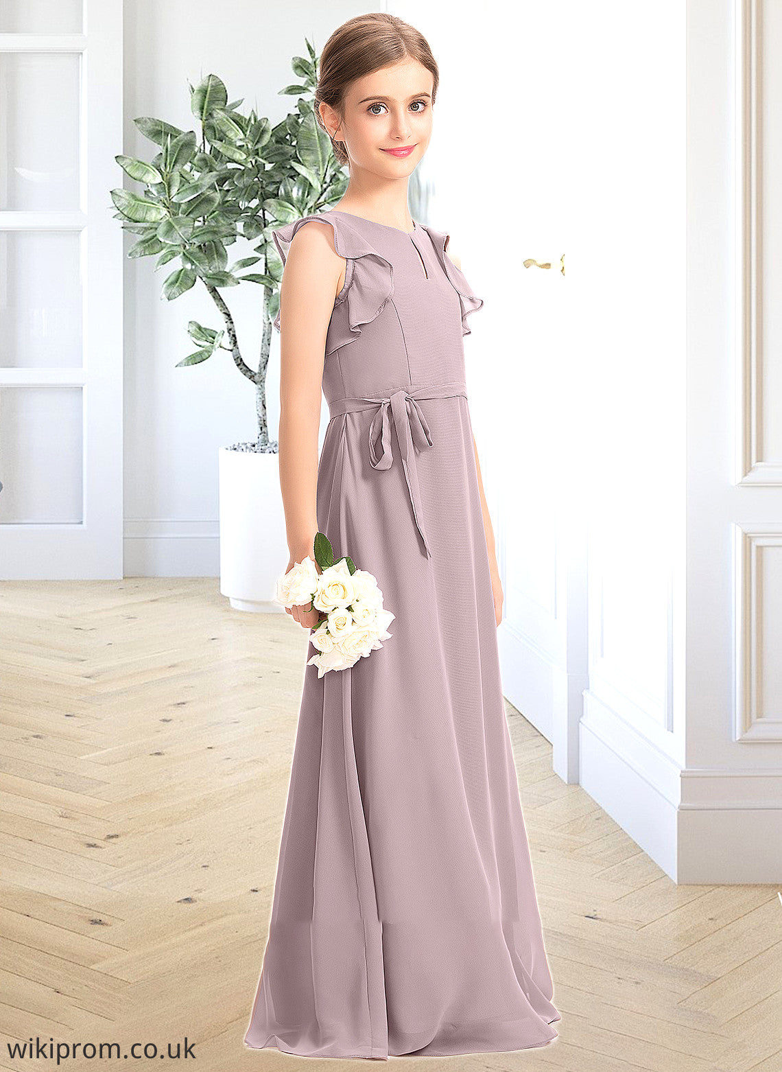 Kaitlynn A-Line Scoop Neck Floor-Length Chiffon Junior Bridesmaid Dress With Bow(s) Cascading Ruffles SWKP0013659