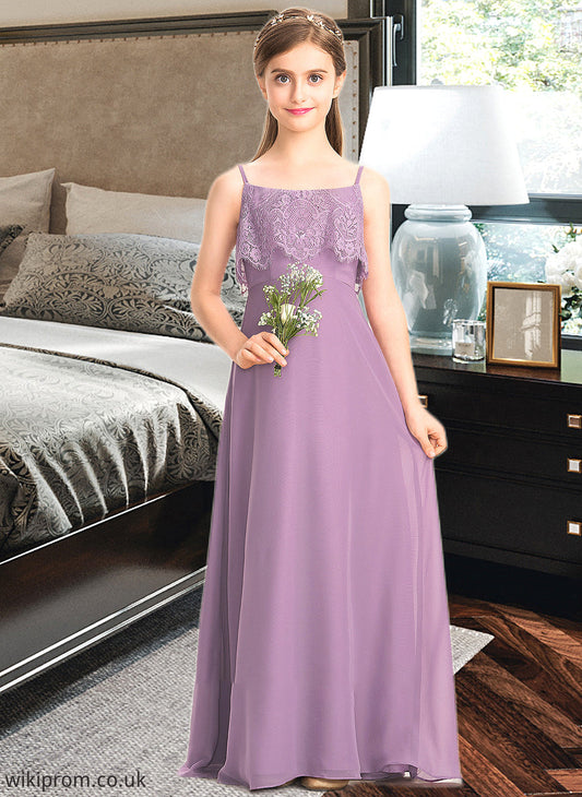 Danica A-Line Square Neckline Floor-Length Chiffon Lace Junior Bridesmaid Dress SWKP0013660