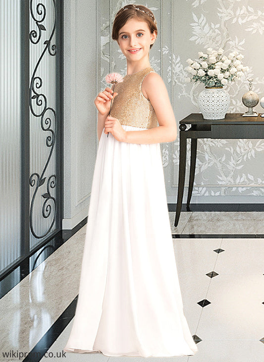 Krista A-Line Scoop Neck Floor-Length Chiffon Sequined Junior Bridesmaid Dress SWKP0013662