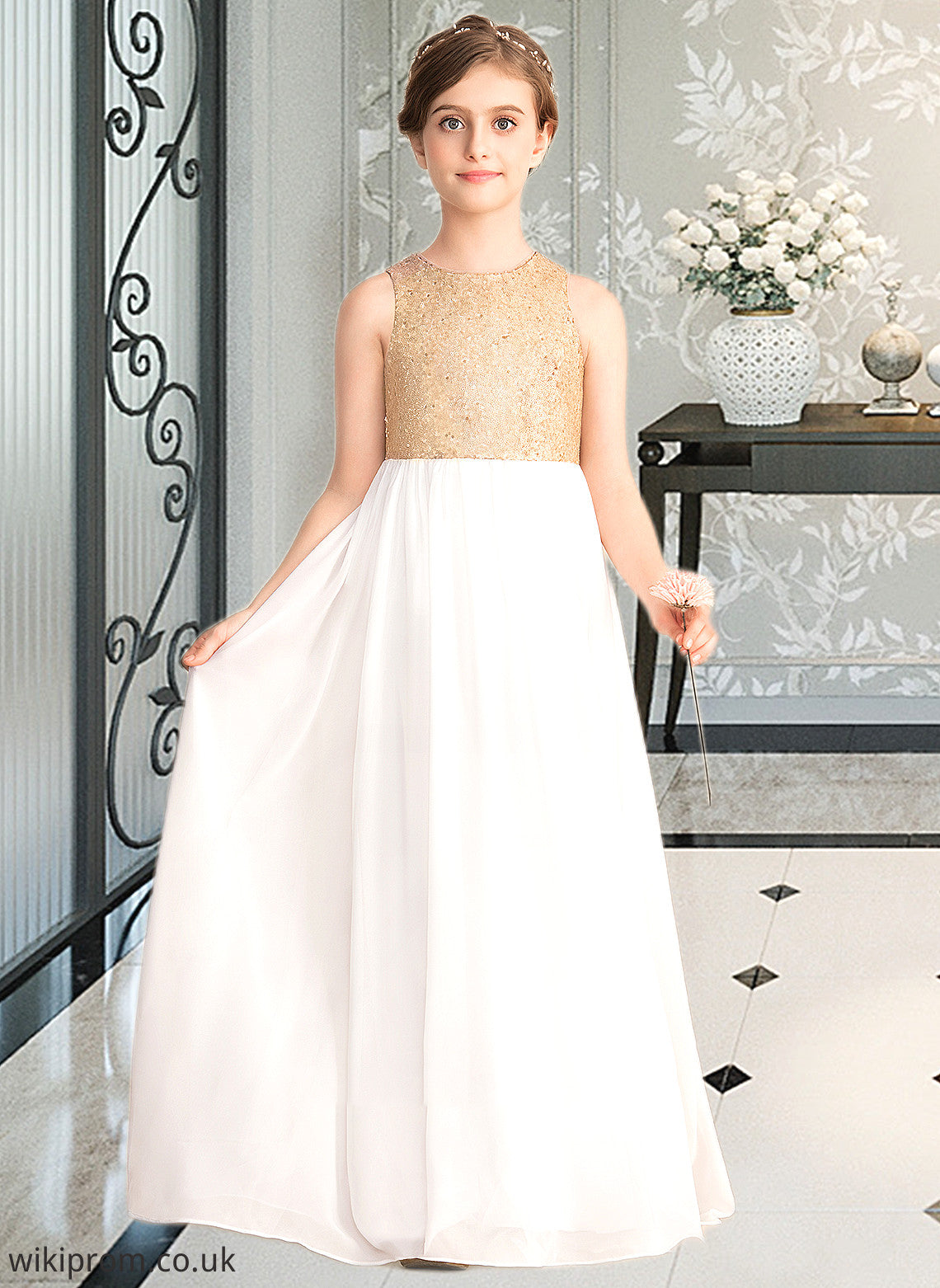 Krista A-Line Scoop Neck Floor-Length Chiffon Sequined Junior Bridesmaid Dress SWKP0013662