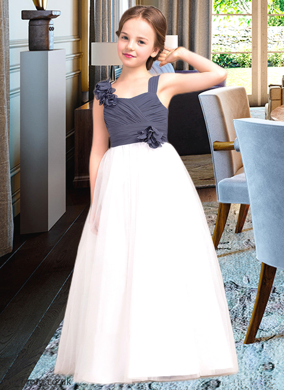 Mireya A-Line Sweetheart Floor-Length Chiffon Tulle Junior Bridesmaid Dress With Ruffle Flower(s) SWKP0013665