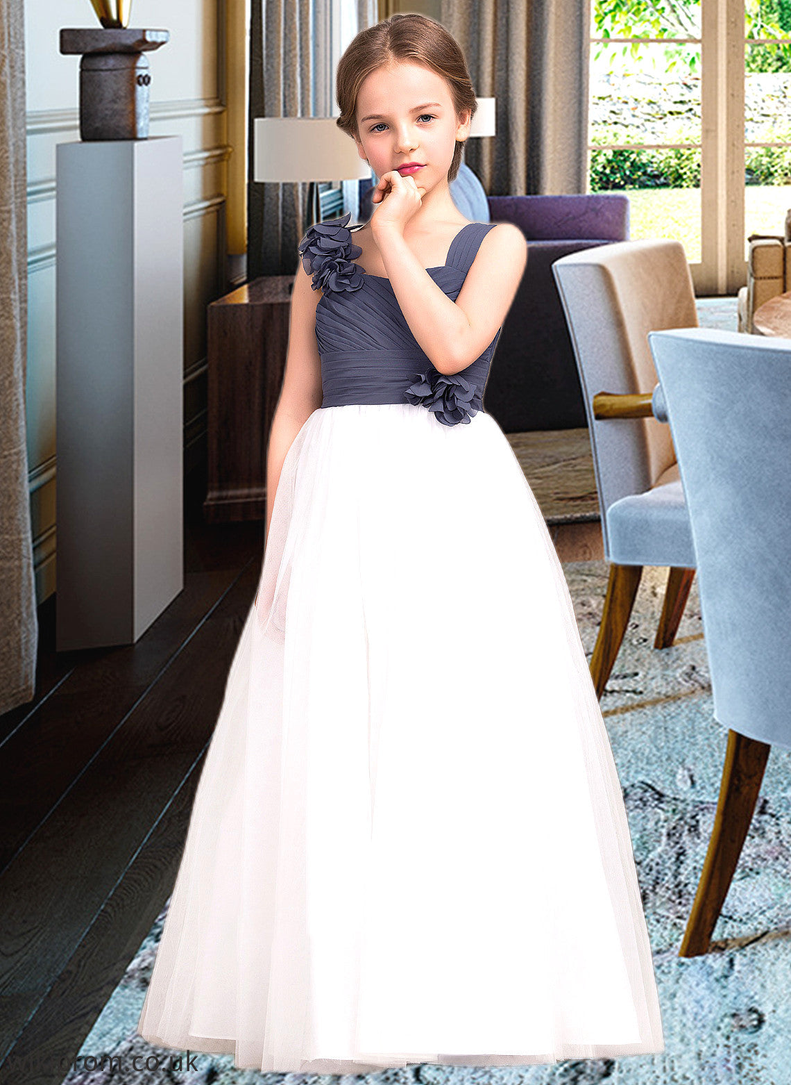 Mireya A-Line Sweetheart Floor-Length Chiffon Tulle Junior Bridesmaid Dress With Ruffle Flower(s) SWKP0013665