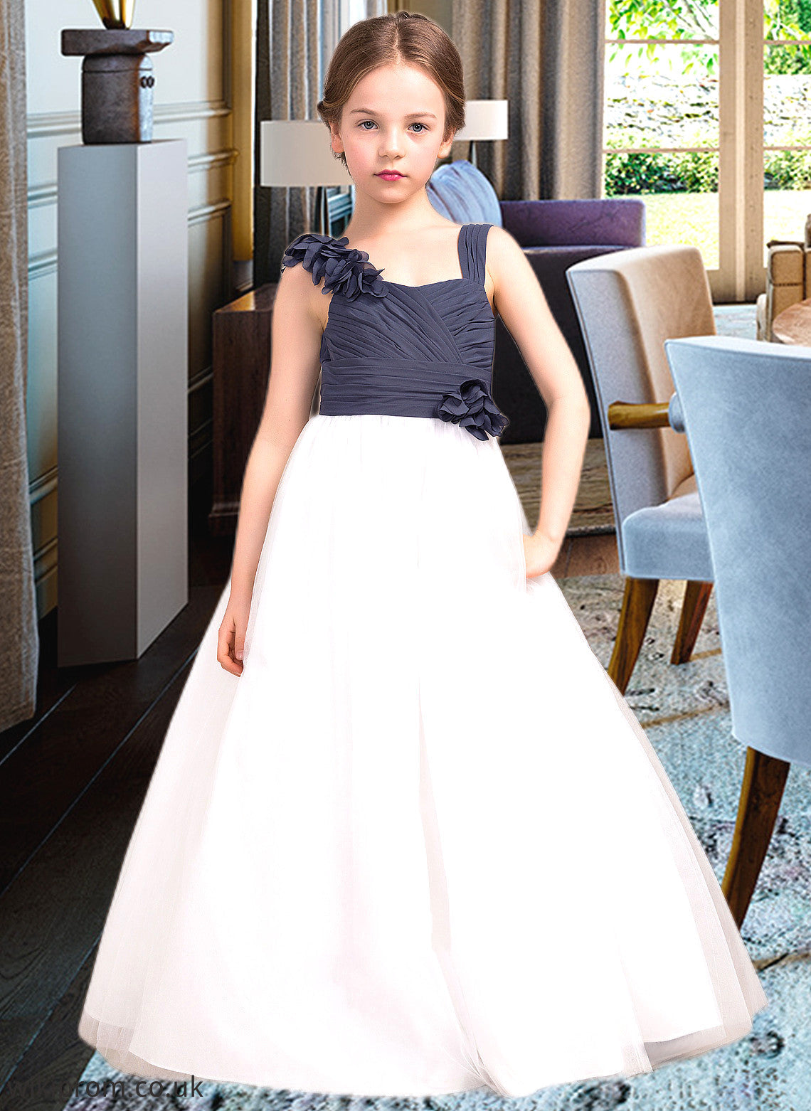 Mireya A-Line Sweetheart Floor-Length Chiffon Tulle Junior Bridesmaid Dress With Ruffle Flower(s) SWKP0013665