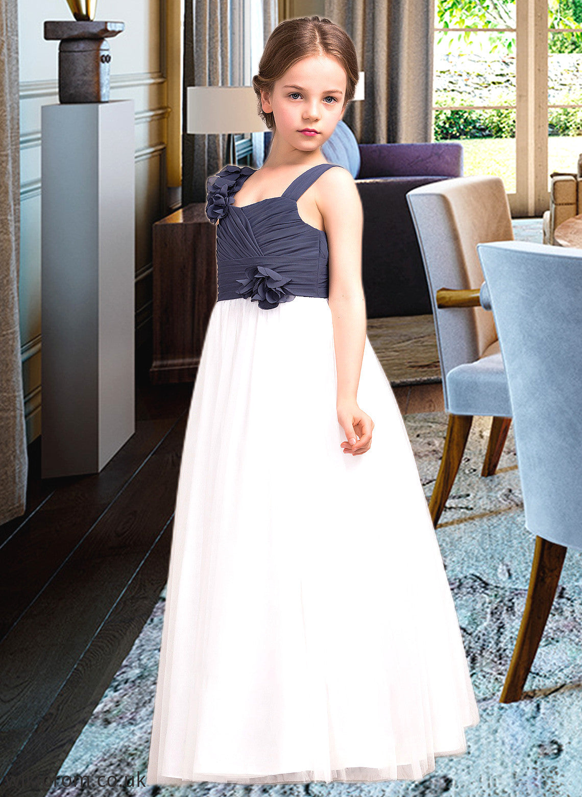 Mireya A-Line Sweetheart Floor-Length Chiffon Tulle Junior Bridesmaid Dress With Ruffle Flower(s) SWKP0013665