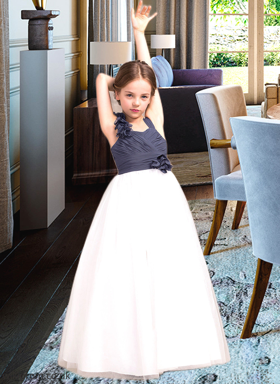 Mireya A-Line Sweetheart Floor-Length Chiffon Tulle Junior Bridesmaid Dress With Ruffle Flower(s) SWKP0013665