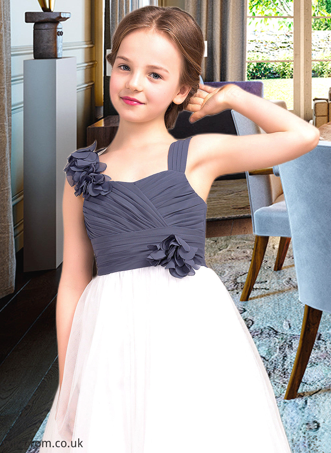 Mireya A-Line Sweetheart Floor-Length Chiffon Tulle Junior Bridesmaid Dress With Ruffle Flower(s) SWKP0013665