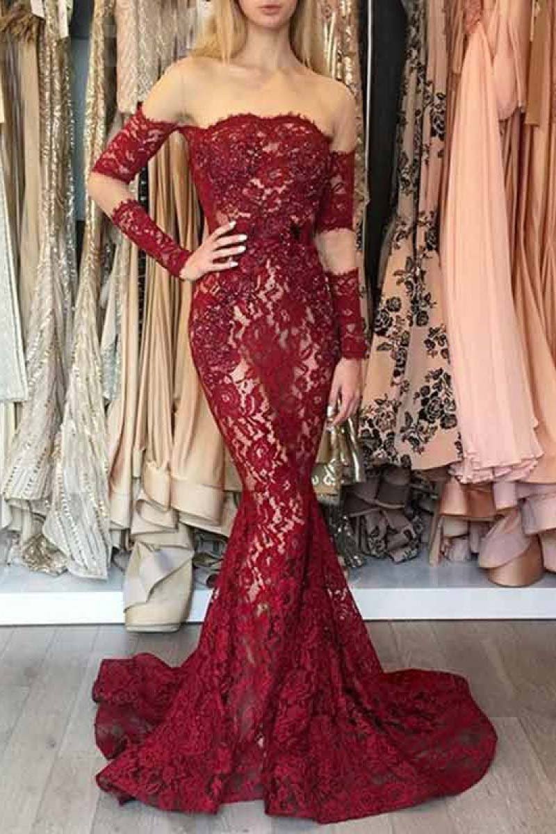 Mermaid Long Sleeves Dark Red Off the Shoulder Lace Prom Dresses with SWK12793