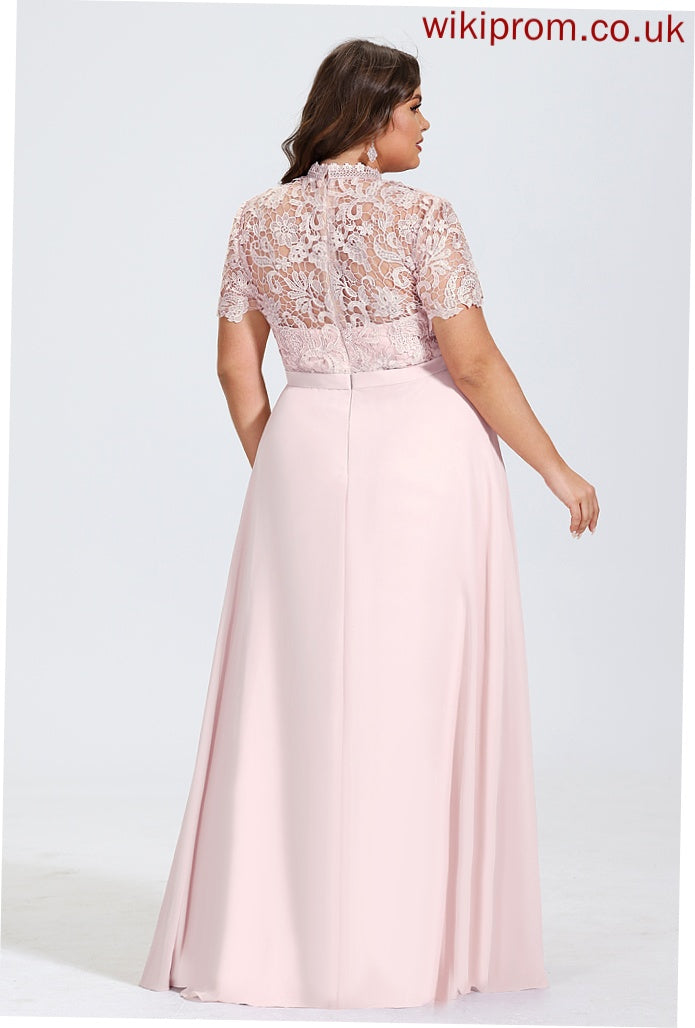 Chiffon Lace Floor-Length Yasmine Prom Dresses Neck High A-Line Illusion