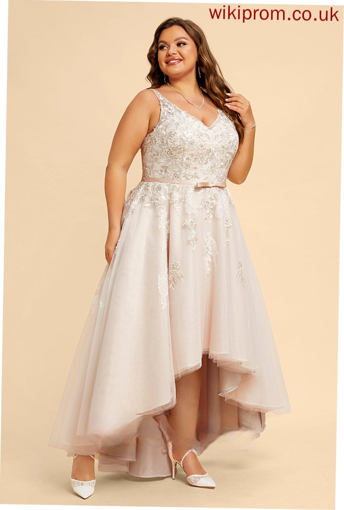 Satin Cassie Wedding A-Line Dress With Tulle Wedding Dresses Asymmetrical V-neck Lace Bow(s)