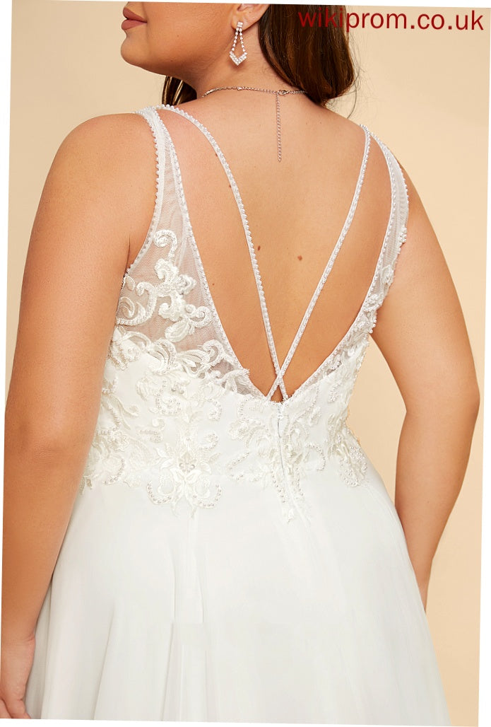 Chiffon Split Train With Wedding Dresses Beading Sweep Cierra A-Line Sequins Wedding Front Dress V-neck Lace