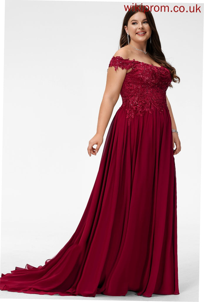 Prom Dresses Sequins Lace With Train Grace Chiffon Off-the-Shoulder A-Line Sweep