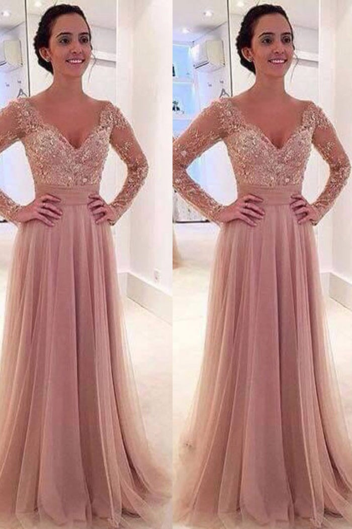 Elegant Long Sleeve Lace Tulle Pink Sexy A-Line V-Neck Prom Dresses 2024 WK974